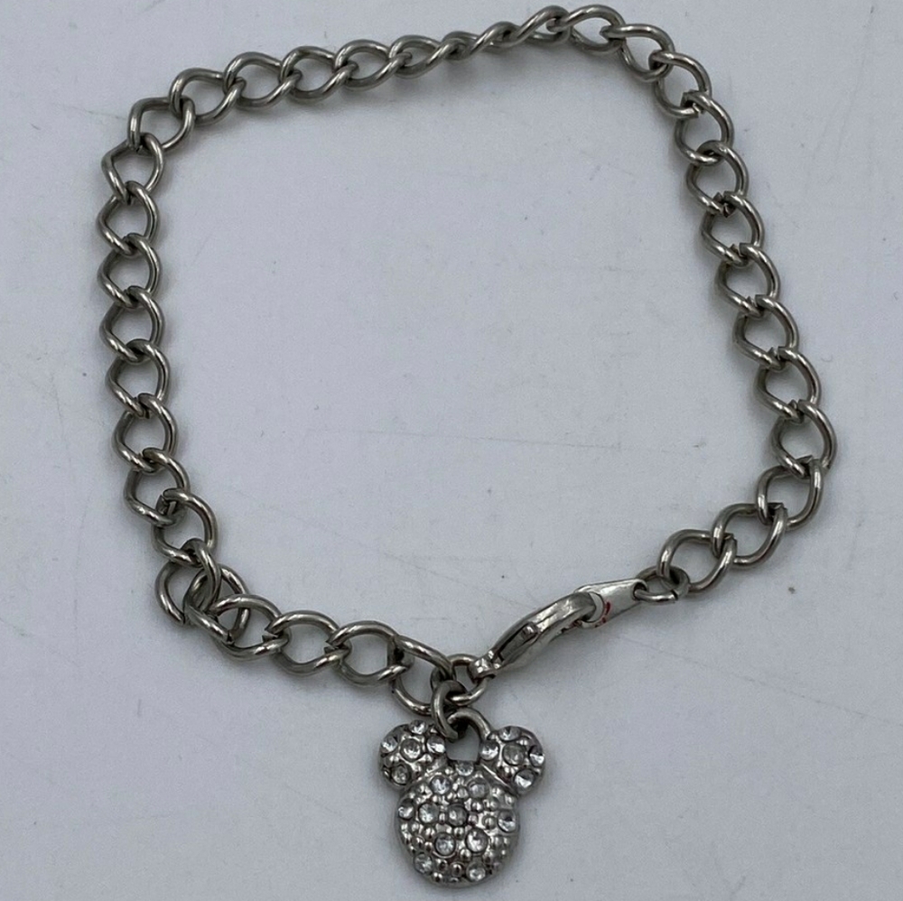 Genuine Vintage Disney Silver Charm Bracelet Mickey Mouse W Crystals Deadstock
